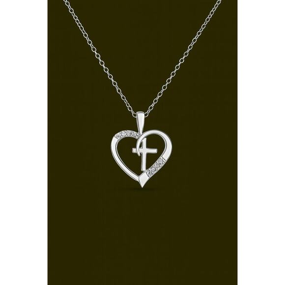 Diamond Heart Cross Necklace Sterling Silver Lab Grown Diamond Pendant Religious - Picture 2 of 5